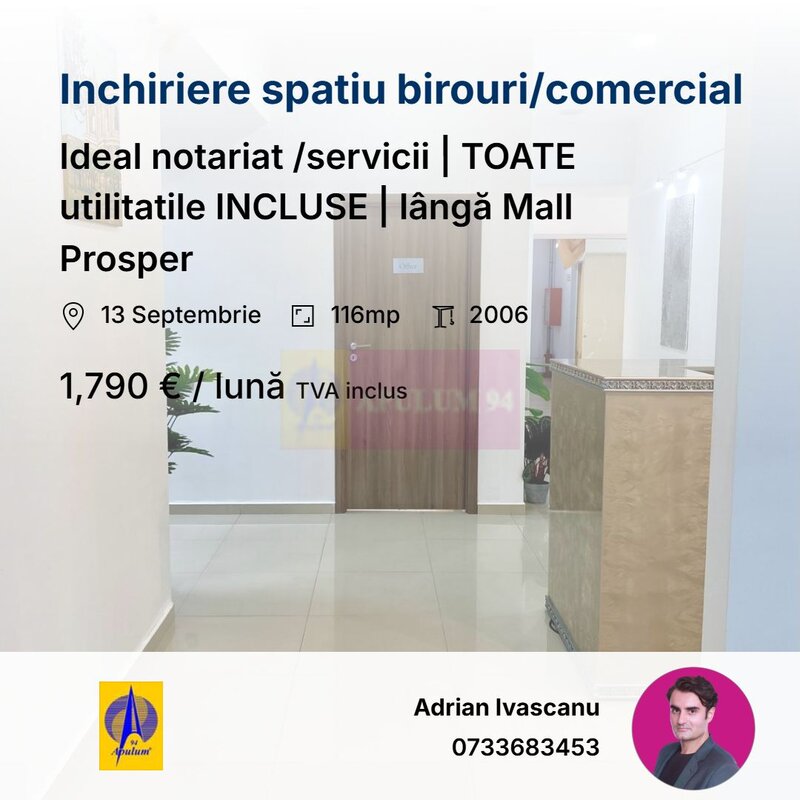 Birouri Comercial 5 camere | TOATE util. INCLUSE | langa Mall Prosper